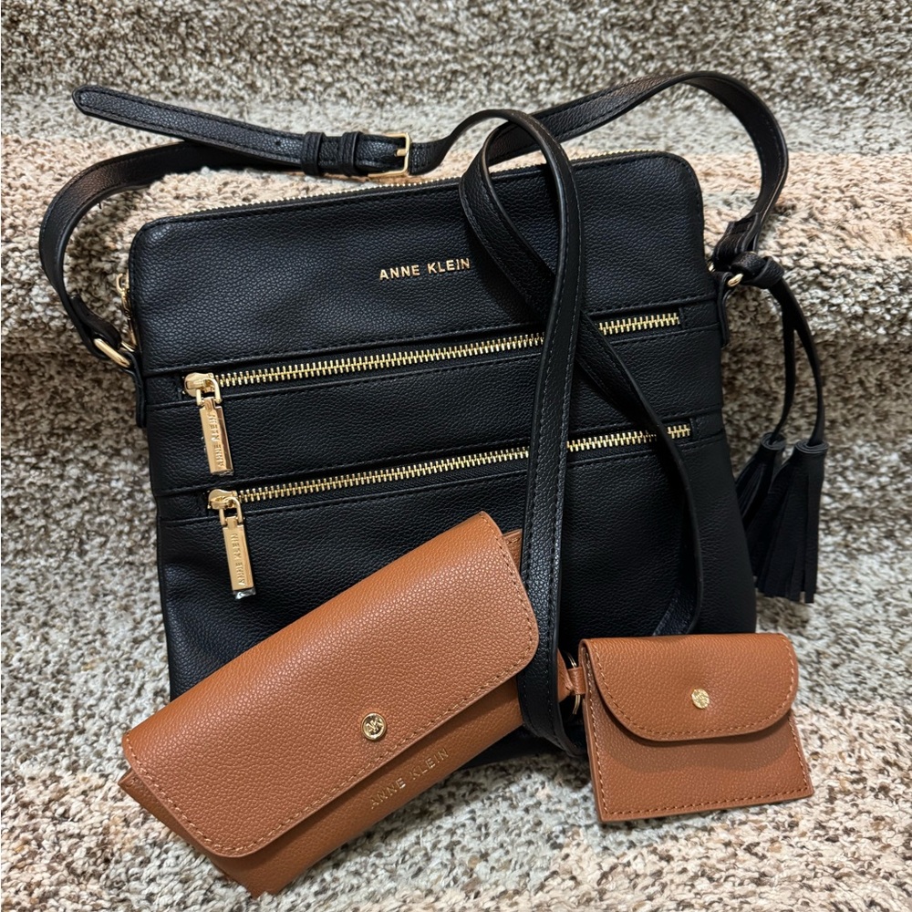 Anne Klein Black Crossbody Bag with Tan Accessories